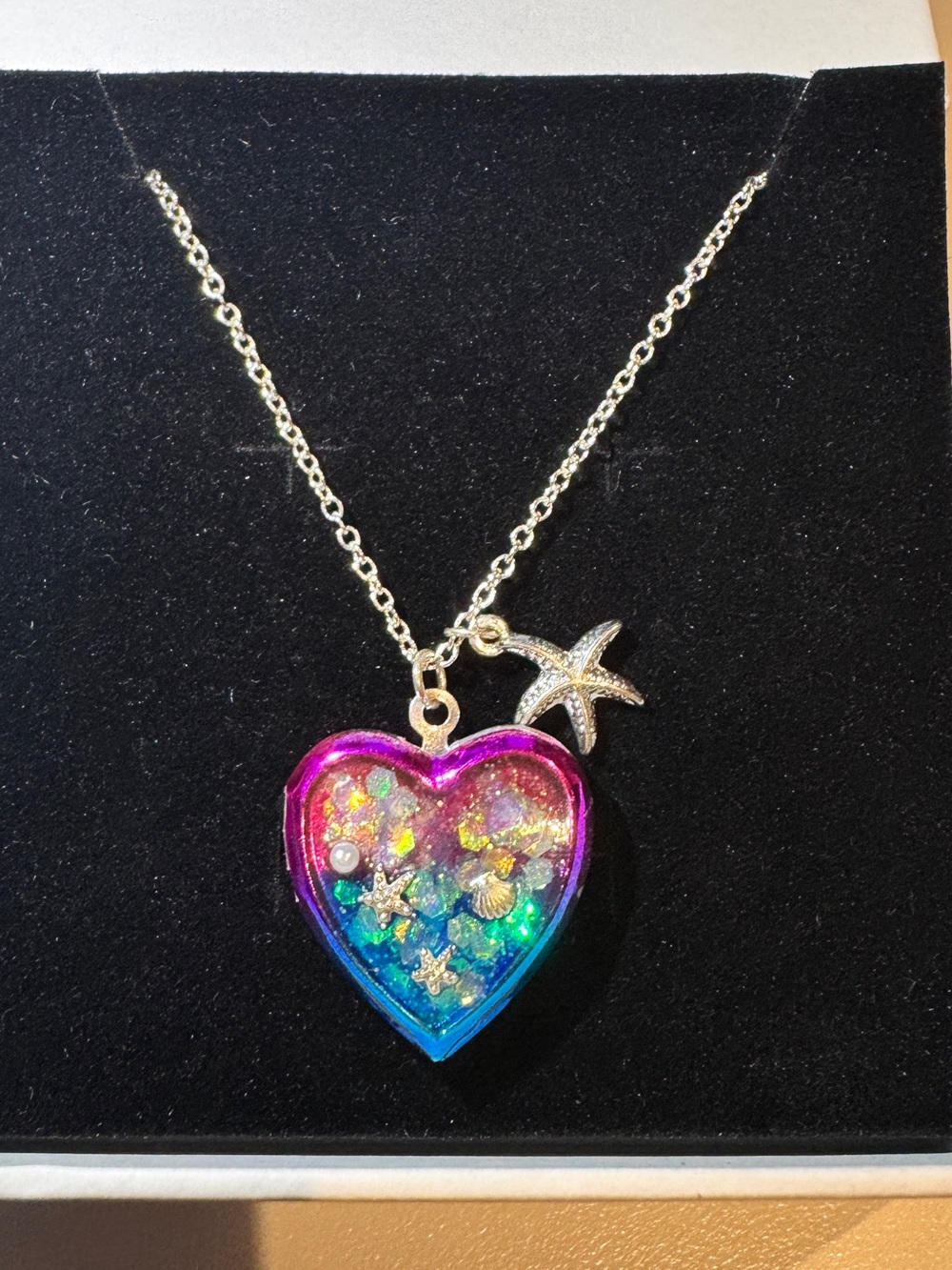 Rainbow Heart locket Pendant Necklace with Star Charm - Multicolor by Claire’s